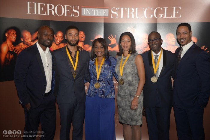 (l to r) Actor Jimmy Jean-Louis, H.I.T.S honoree, Jussie Smollett, Vanessa Mills, representative of Janssen Therapeutics and Gregorio Millett, Gala host, actor Brian White.