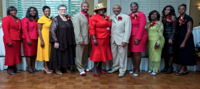 Honorees and participants in the ‘Honoring Our Leaders of Today - First Ladies of Faith’ luncheon included (l-r) Melinda Campbell, Doneka Crutcher, Chereece Monroe, Paulette Alexander, Kyler L. Nathan, III, Grand Worthy Patron, Estella Johnson, Grand Worthy Matron, Most Worshipful Grand Master Lovell Morgan, Jacquelyn Calloway, Barbara Morgan, Dorothy Robinson, and Charlotte Sample.