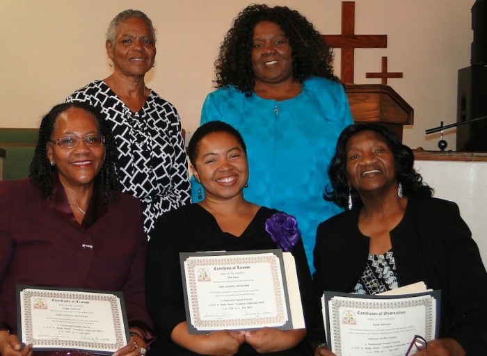 (L-R, front row) Licensed Ministers Peggy Johnson and Mia Jones, Ordained  Minister Jessie Stewart, (back) Deaconesses Sandra Johnson and Georgie Terry. 