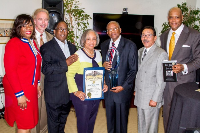 NBA Past President Pamela Meanes, Executive Vice President and General Counsel of Hyundai Motor America Jerry Flannery, COunty Supervisor Mark Ridley-Thomas, Mrs. & Mr. Fred Gray, City Council President Herb Wesson, Senior partner of Ivie, McNeil & Wyatt Rickey Ivie. (Robert Torrance/ LA Sentinel)