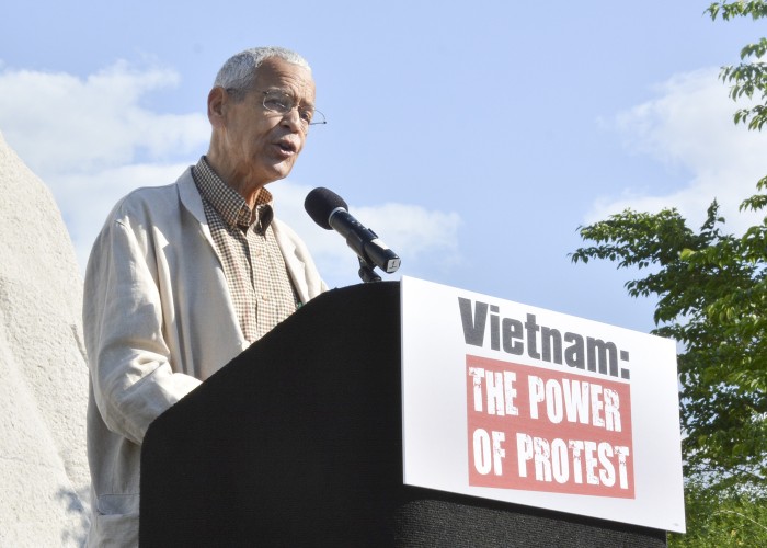 Julian Bond Speaks to a crowd at the "Vietnam: The Power of Protest" rally at the Martin Luther King Memorial on May 2, 2015 in Southwest Washington, D.C. (Roy Lewis/Washington Informer)