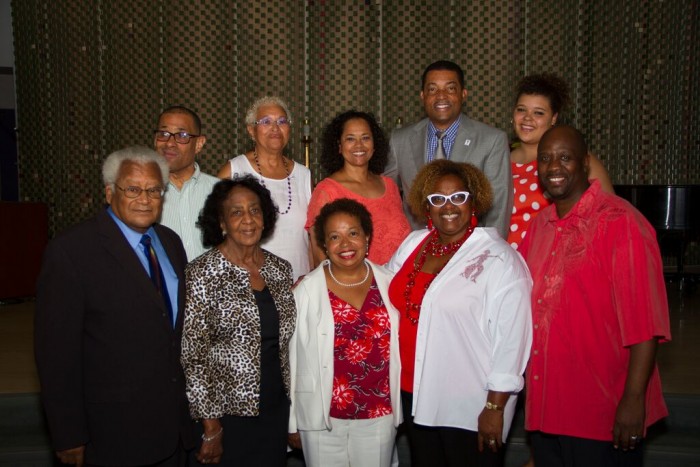 (From left, front): Rev. James M. Lawson, Jr., Mrs. Dorothy Lawson, Dr. Joanne Berger-Sweeney, Rev. Judi Wortham-Sauls, Rev. Kelvin Sauls, (back) Kerry Norwood, Valeria Norwood, Cheryl Sweeney, John Sweeney and Zaynah Sweeney. (Jules Green photo)