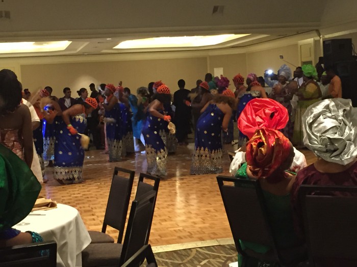 Native Edo dancers showcase a ten-minute cultural dance set with native drummers during the ENAW fundraiser dinner. (Amen Oyiboke/LA Sentinel)