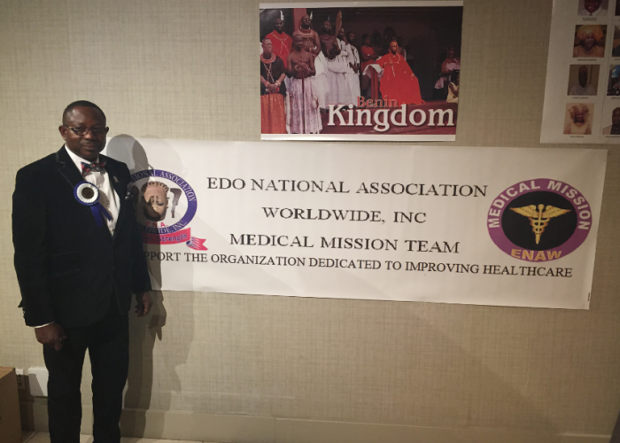 President of Edo National Association Worldwide Franklin Omoruna poses in front of the convention entrance. (Amen Oyiboke/LA Sentinel)