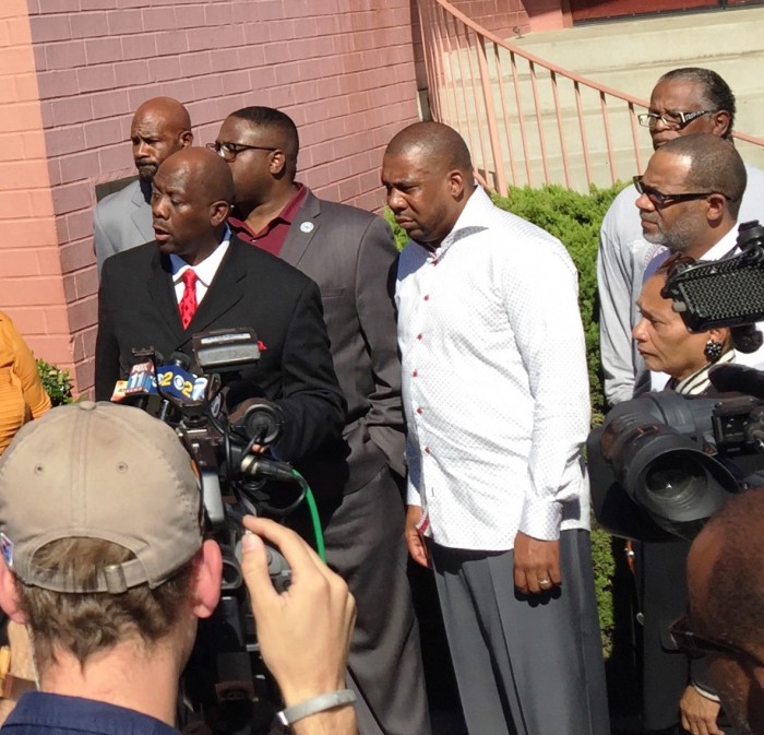 Rev. Kelvin Sauls, Rev. Xavier Thompson and Rev. Kenneth Tulloss were among the pastors speaking at the press conference at Mount Moriah Church on October 26.  (Cora J. Fossett Photo)  