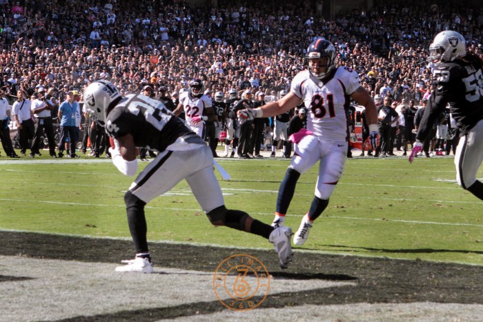 Charles Woodson Intercepts Pass During Raiders v. Broncos game.  Photo:  Jevone Moore