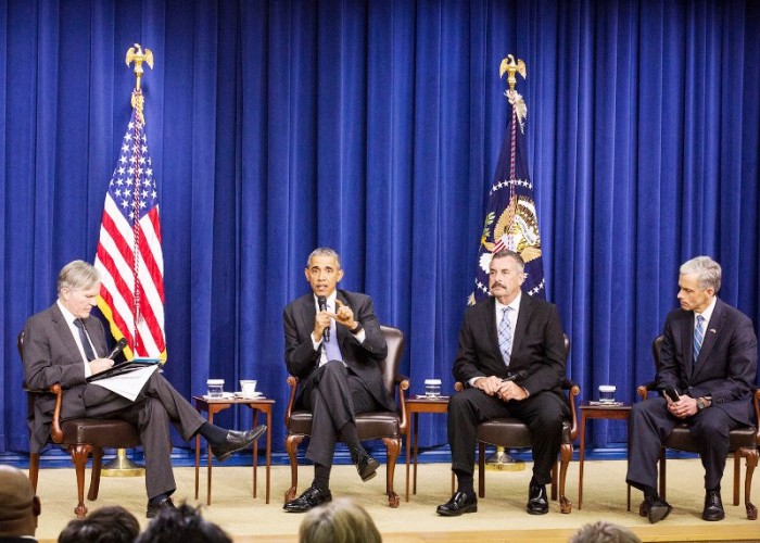 President Barack Obama speaks to guests at The White House Panel Discussion on Criminal Justice Reform. Here is joined by Moderator Bill Keller (left), Editor-in-Chief of The Marshall Project, Charlie Beck (right), Chief, Los Angeles Police Department, and John Walsh (far right), United States Attorney, District of Colorado. The focus of the discussion was how to make America’s law enforcement and correctional practices more just and effective. (Cheriss May/HUNS)