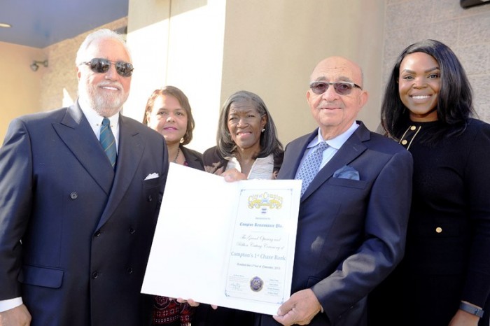 (L-R) Compton Renaissance Developer Danny J. Bakewell, Sr, Councilwoman Janna Zurita, Councilwoman Emma Sharif, , Compton Renaissance Developer Lonnie R. Bunkley and Compton Mayor Aja Brown- Photo by Valerie Goodloe for Sentinel