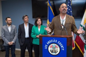 (left to right) David Valdez, Comedian and Actor; Esai Morales, Award-winning actor; Supervisor Hilda L. Solis; Ben Guillory, Executive Director and Actor, Robey Theatre Company.