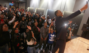 Jenkins stops to take a picture with students at the “My Untold” panel. (Photos Provided by Myles Worthington)