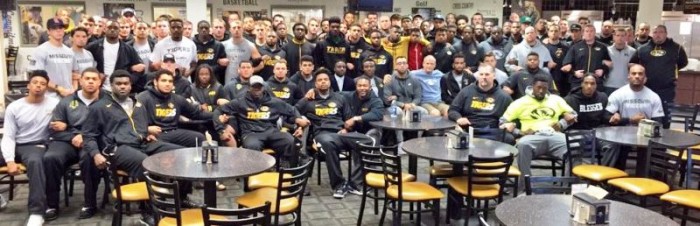 University of Missouri.jpg- Members of the University of Missouri stand together, as they announce that they will not play until the university president steps down. (via Twitter) University of Missouri 2.jpg- photo released by head coach Gary Pinkel of the Missouri Football team (via Twitter)