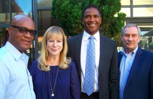 NFL Hall of Famer and prostate cancer survivor Michael Haynes (second from right) poses with (from left) Deacon Mark Robertson of West Angeles Church of God in Christ; Merel Grey, president of the California Prostate Cancer Coalition; and Tom Kirk, CEO of US Too at "A Community Conversation on Prostate Cancer Early Detection and Education" event held on Nov. 21. (photo by Shirley Hawkins)