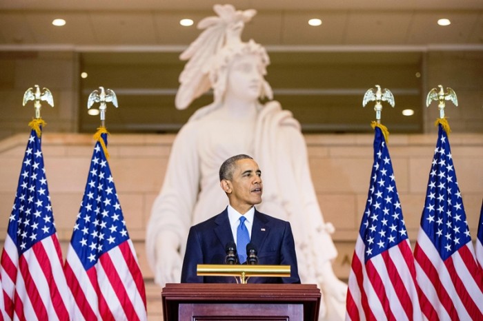 President Barack Obama delivers remarks at an event commemorating the 150th anniversary of the 13th Amendment abolishing slavery, at the U.S. Capitol in Washington, D.C., Dec. 9, 2015. (Lawrence Jackson/White House)