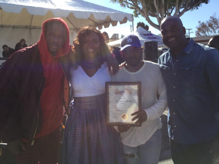 Rap artist YG, Mayor Aja Brown, rap aritist Kendrick Lamar and State Senator Isadore Hall, III. ( Photos by Jasmyne Cannick )