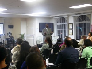 L.A. Board of Public Works Commissioner Mike Davis shares with community members some of the plans coming to the Crenshaw District. Photo by Brian W. Carter