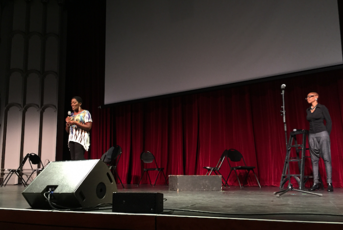  Akuyoe Graham and actress Debra Wilson kick off the poetry show with some background on the Spirit Awakening Foundation. (Amen Oyiboke/LA Sentinel)