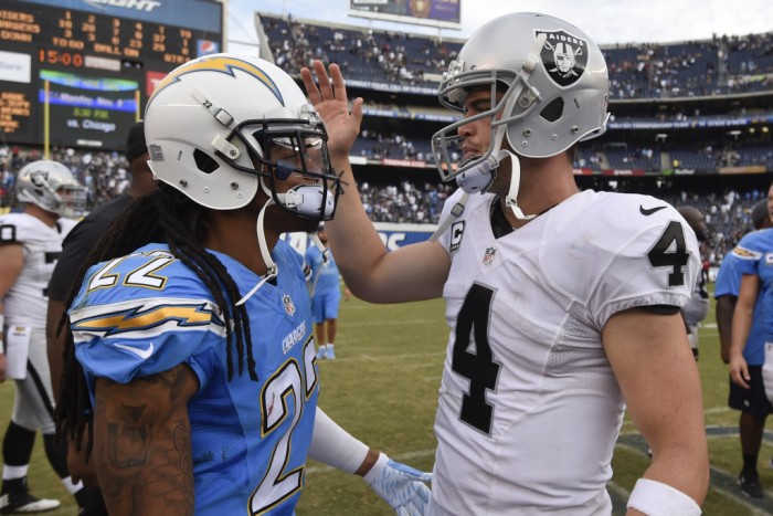 San Diego Chargers cornerback Jason Verrett (22) greets Oakland Raiders quarterback Derek Carr (4) after an NFL football game Sunday, Oct. 25, 2015, in San Diego. The Raiders won, 37-29. (AP Photo/Denis Poroy)