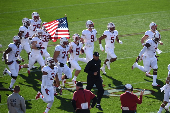 Head Coach David Shaw leads Stanford Players onto field at 102nd Rose Bowl Game