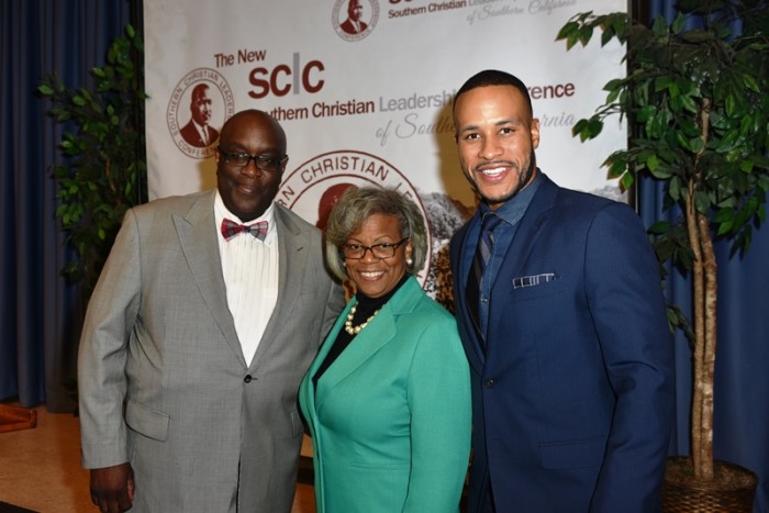 Rev. William D. Smart, Alice Goff and breakfast speaker Devon Franklin. (Ian Foxx photo)