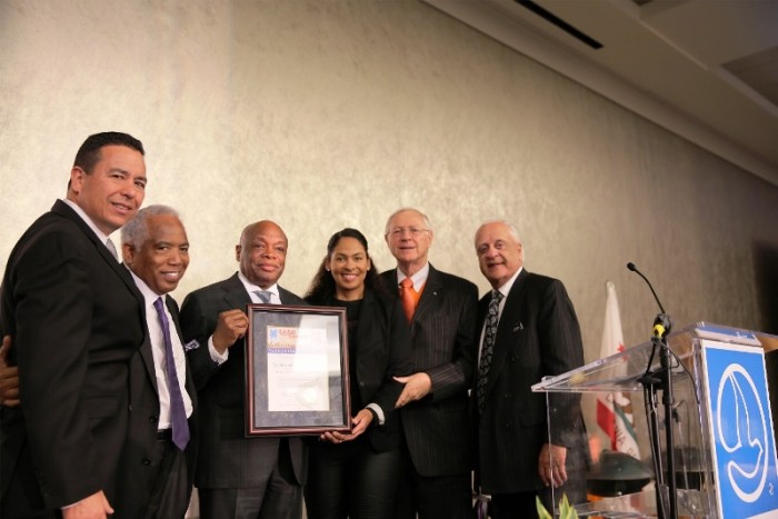 Pictured (l-r): Dr. Joseph K. Lyou, Dr. Clark E. Parker, Sr., Mayor Willie L. Brown, Jr., Adai Lamar, LA County Supervisor Michael D. Antonovich, and Dr. William A. Burke Courtesy Photo