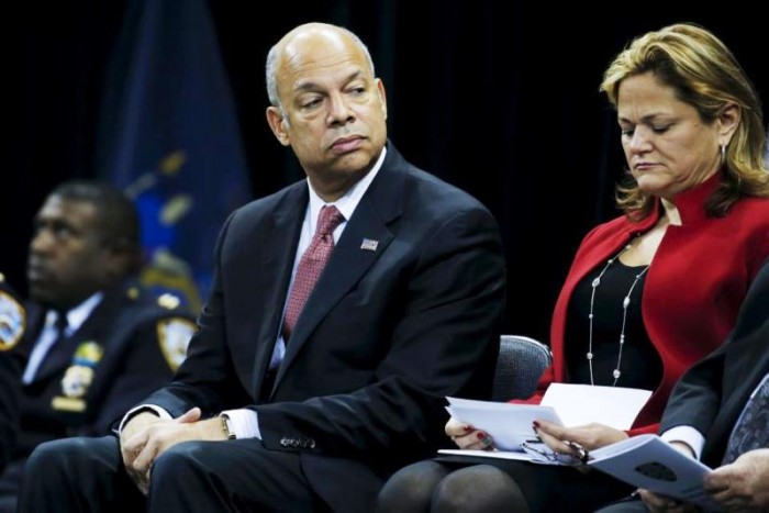 United States Secretary of Homeland Security Jeh Johnson (L) and Speaker of the New York City Council Melissa Mark-Viverity are pictured onstage during a New York Police Department graduation ceremony at Madison Square Garden in the Manhattan borough of New York December 29, 2015. According to New York's Mayor Bill de Blasio, 1123 new officers graduated onto the force. REUTERS/Carlo Allegri