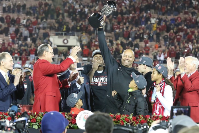 Tournament of Roses President Mike Matthiessen Presents Championship Trophy to Stanford Head Coach David Shaw