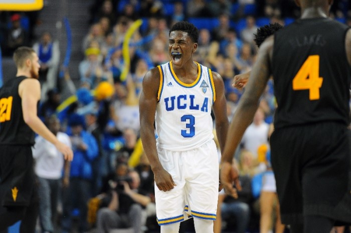 UCLA's Aaron Holiday reacts after making a 3-point basket in the game's final minute to give UCLA the lead against Arizona State in the second half of an NCAA college basketball game in Los Angeles, Saturday, Jan. 9, 2016. (AP Photo)