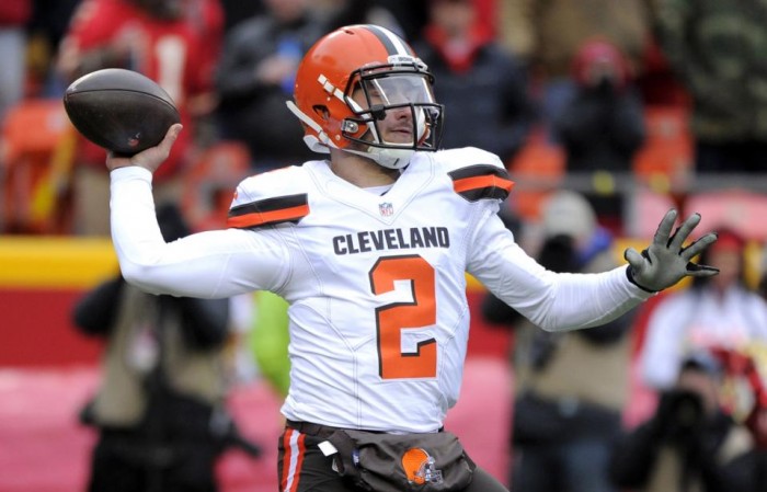 FILE - In this Dec. 27, 2015, file photo, Cleveland Browns quarterback Johnny Manziel (2) throws during the first half of an NFL football game against the Kansas City Chiefs in Kansas City, Mo. LeBron James and his business partners will no longer work with Browns quarterback Johnny Manziel, Wednesday, Jan. 6, 2016. (AP Photo/Ed Zurga, File)