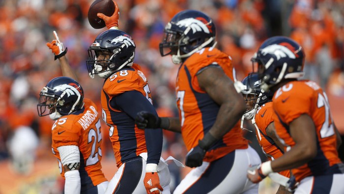 Von Miller Celebrates Interception.  Photo:  Joe Mahoney/AP