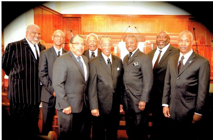 From left are (rear) Minister Tyree Larue; Rev. Dennis Moore; Pastor Robert Arline, Elder Michael Cummings, (front) Pastor Charles Harris, Pastor Reginald Pope, Pastor Robert Taylor and Pastor Terry Wilson.