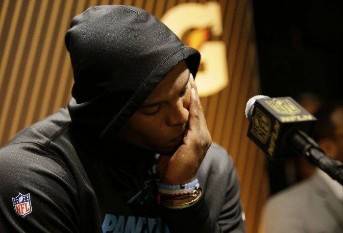 Panther QB Cam Newton at Post-Game Press Conference.  Photo:  Associated Press