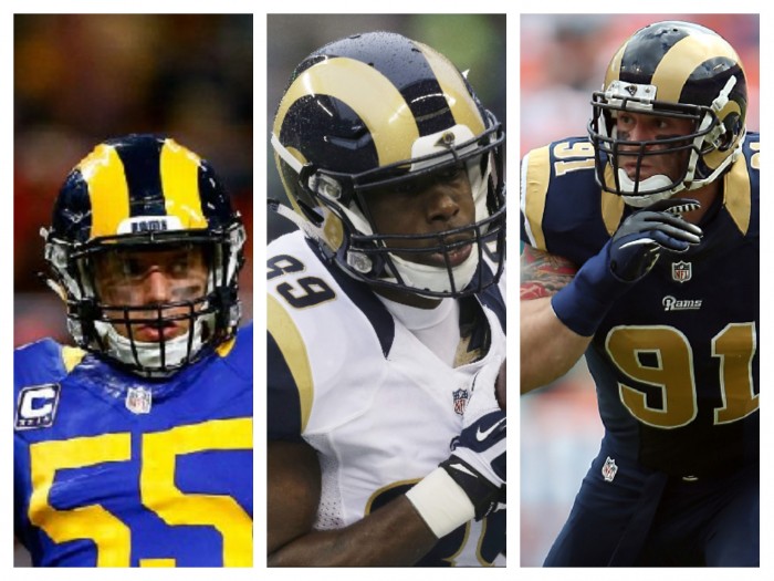 (Left to right) James Laurinaitis, Jared Cook, and Chris Long (AP Photos)