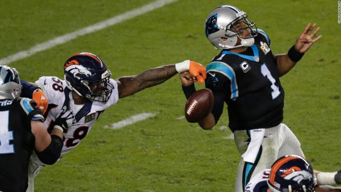 Broncos Linebacker and Super Bowl 50 MVP Strips Panther QB Cam Newton.  Photo:  Associated Press