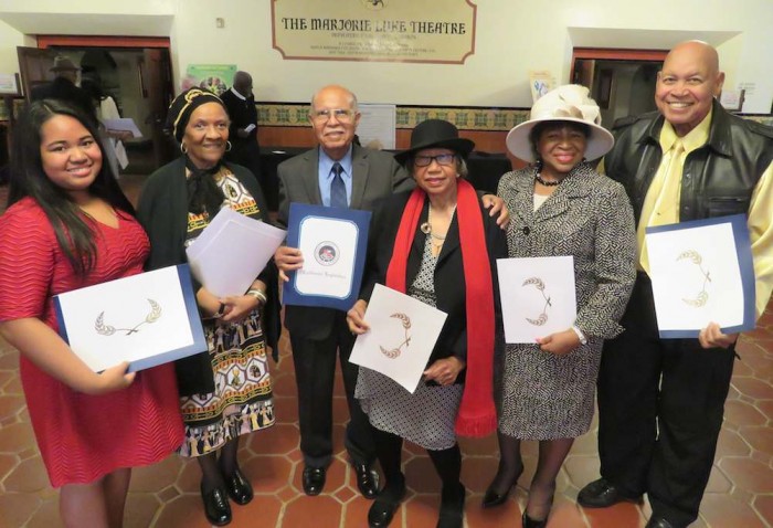 From left are honorees Karina Emilyn Dixon Guron, Margaret Young, Dr. Robert and Mrs. Louise Hammond, LaRita Joice (Ayers) Montgomery and Neil Wright. (Gary Harbour photo)