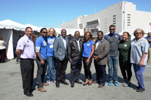 (L-to-R) C.J. Scott, Brotherhood Crusade; members of the Empowerment Congress West Area Neighborhood Development Council; Councilmember Marqueece Harris-Dawson; Supervisor Mark Ridley-Thomas; Assemblymember Sebastian Ridley-Thomas, Kristen Gordon, CD8 Planning and Field Deputy; Sylvia Lacy, District Director CD-10