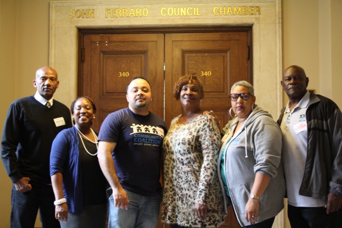 Community members spoke out in support of Proposition 47 in City Hall chambers on March 1. They are (l to r) Tim Kornegay of L. A. Voice; Sheila Armstead of the Community Coalition; Robert Williams of the Community Coalition; Larae Cantley of L. A. Voice; Cheryl Watson of the Community Coalition; Gilbert Johnson of the Community Coalition. (Photo by Glauz Diego).