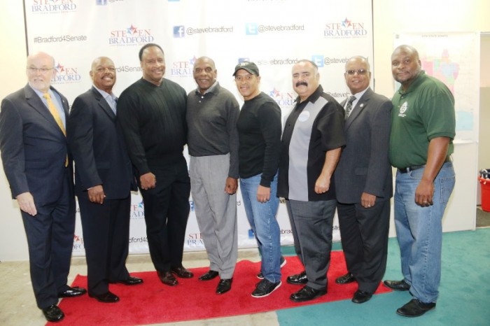 Torrance Mayor Pat Furey, Inglewood Councilmember George Dotson, Inglewood Mayor James Butts, Steven Bradford, former Los Angeles Councilmember Martin Ludlow, Inglewood Councilmember Alex Padilla, Inglewood Councilmember Ralph Franklin and Gardena Councilmember Mark Henderson. (Photo by Donna Dymally)