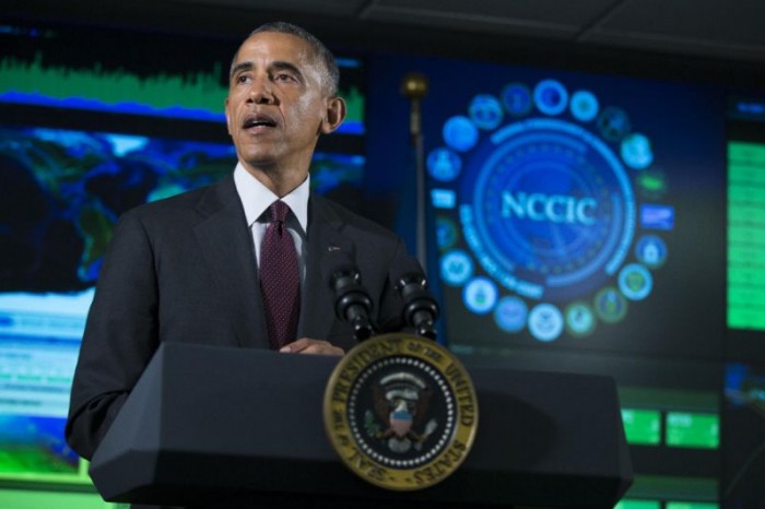 In this Jan. 13, 2015 file photo, President Barack Obama speaks at the National Cybersecurity and Communications Integration Center in Arlington, Va. The Homeland Security Department opened up shop Thursday as a portal for sharing cyber threats with the private sector and the rest of government _ a culmination of a longtime bipartisan effort to improve information flow and cybersecurity. (AP Photo/Evan Vucci)