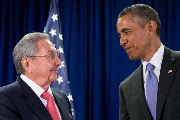 In this Sept. 29, 2015 file photo, President Barack Obama stands with Cuba's President Raul Castro before a bilateral meeting at the United Nations headquarters. (AP Photo/Andrew Harnik, File)