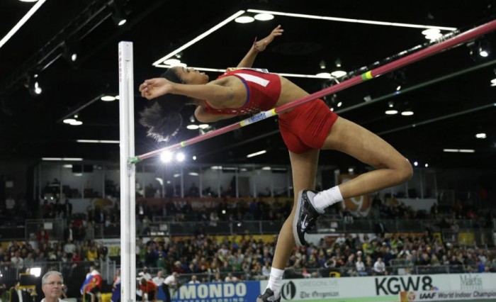 United States' Vashti Cunningham clears the bar during women's high jump final during the World Indoor Athletics Championships, Sunday, March 20, 2016, in Portland, Ore. Cunningham won the event. (AP Photo/Elaine Thompson)