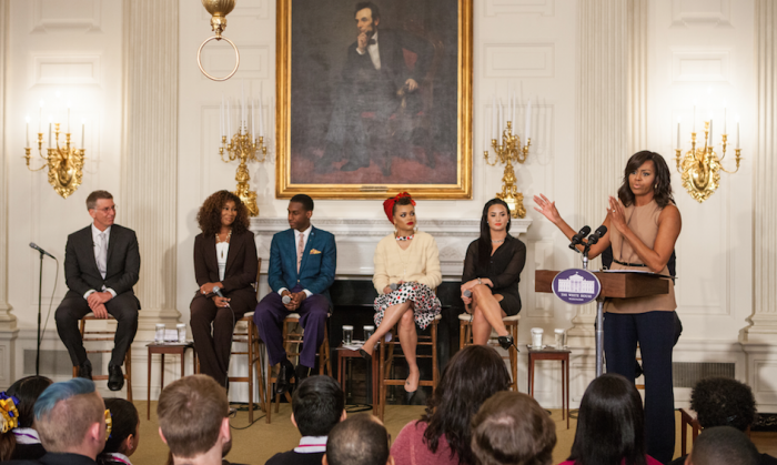  On Wednesday, February 24, in the State Dining Room of the White House, First Lady Michelle Obama speaks to students at the student workshop: “The Musical Legacy of Ray Charles.”With special guests: (l-r), Robert Santelli, Yolanda Adams, Leon Bridges, Andra Day, and Demi Lovato behind her. | (Photo by Cheriss May, Howard University News Service)