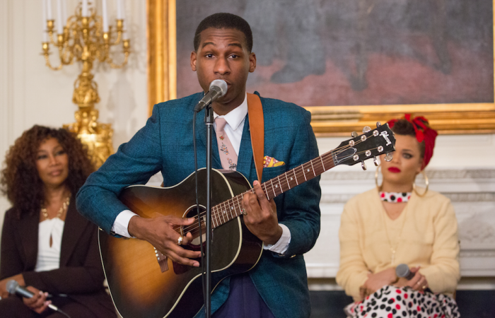  On Wednesday, February 24, in the State Dining Room of the White House, Leon Bridges performs at the student workshop: “The Musical Legacy of Ray Charles.” | (Photo by Cheriss May, Howard University News Service)