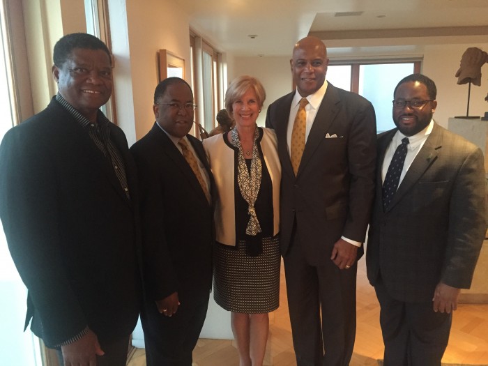 L-R; Earl Gales, Architect/CEO Jenkins, Gales & Martinez; Supervisor Mark Ridley-Thomas; Congresswoman Janice Hahn, candidate for L.A. County Board of Supervisors; Attorney Rickey Ivie, Senior Partner, Ivie, McNeill and Wyatt; Assemblymember Sebastian Ridley-Thomas