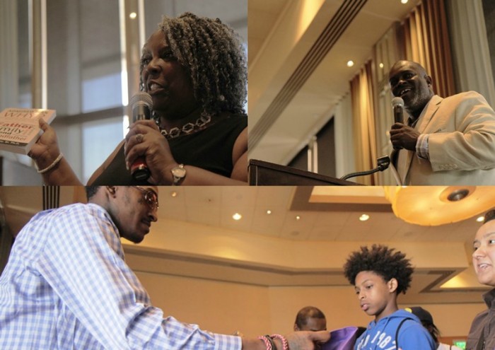 (At Upper Left): Kandee Lewis tells the men why they are important. (At Upper Right): Coach Cornell Ward speaks to the crowd about his life journey. (At Bottom): Black men engage with the youth at healthy manhood event. Photo Cred goes to Jelani Khalfani