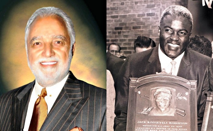 Danny J. Bakewell Sr., Executive Publisher of the Los Angeles Sentinel & Jackie Robinson of the Brooklyn Dodgers posing with his HOF plaque during his Induction into the Baseball Hall of Fame in Cooperstown, New York. (Sportswire via AP Images) 