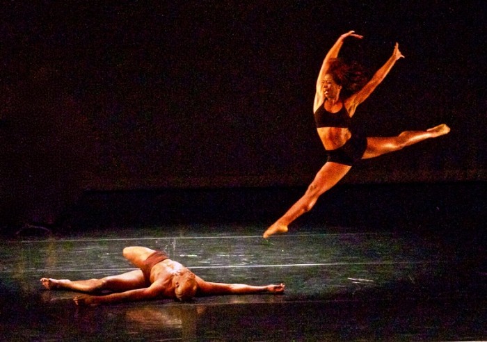 Tehran Dixon leaps over a slain Christopher Frazier in Lula Washington Dance Theatre's Search For Humanism. The work, choreographed by Lula Washington, was part of a shared concert with Pony Box Dance Theatre on Saturday, April 2, at Nate Holden Performing Arts Center. (Photo by E. Mesiyah McGinnis for the L.A. Sentinel)