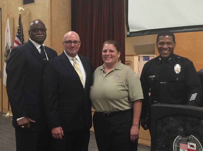 (L-R) Retired Lieutenant Andre Dawson with the Operations South Bureau Human Trafficking Task Force; Sergeant Brian Gallagher of the Operations Bureau Human Trafficking Task Force; Lieutenant Andrea Grossman of the Internet Crimes Against Children Task Force and Bill Scott, Deputy Chief of South Bureau.