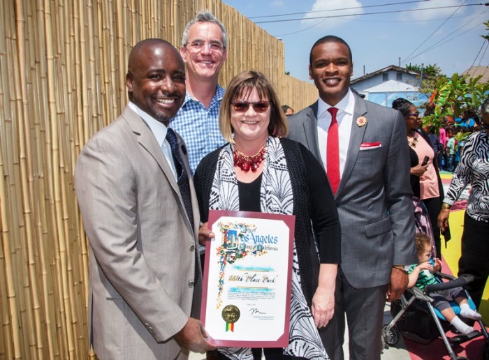 (L-R) Councilman Marqueece Harris Dawson, Steve Cancian of Shared Spaces, LANI Executive Director Veronica Hahni and LANI Program Manager Alain Datcher at the grand opening of the 111th Place Park in South Los Angeles.