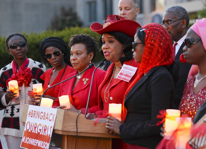 Rep. Frederica Wilson (D-Fla.) (left) speaks during a candlelight vigil for the missing Chibok school girls in front of the State Department in Washington, D.C. on April 20, 2016. (Freddie Allen/AMG/NNPA News Wire)