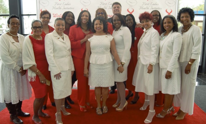 The First Ladies Health Day in Los Angeles at press conference with Tracey Alston (center), executive director, First Ladies Health Initiative; and John Gremer, director of Community Relations, Walgreens.